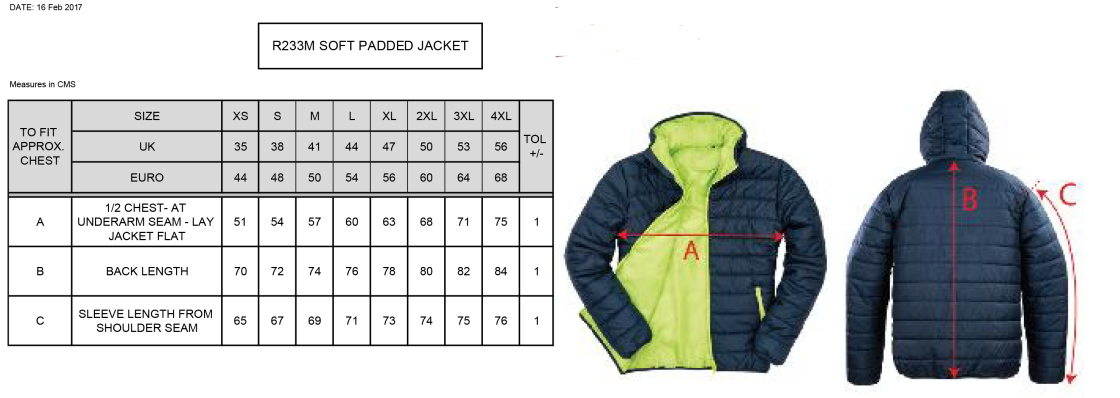 Supersoft Padded Jacket - Adults : Black - Size Guide